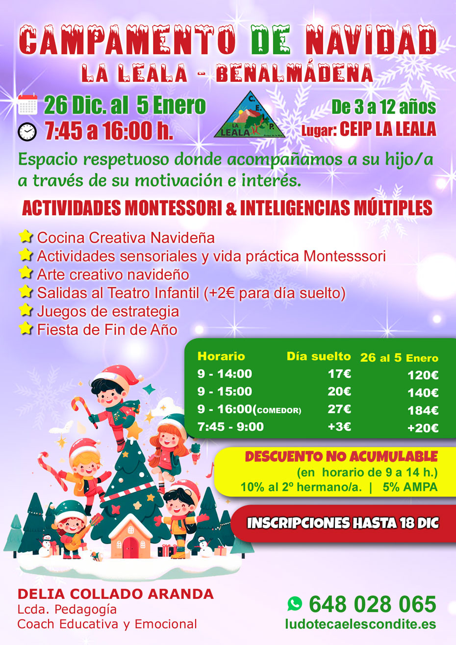 Cartel Campamento de Navidad organiza Delia Collado en el Colegio La Leala. Actividades montessori e inteligencias multiples. Benalmádena, Arroyo de la Miel