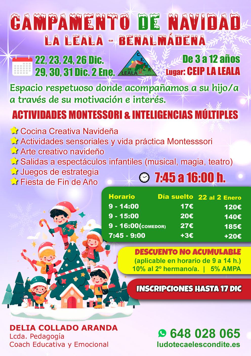 Cartel Campamento de Navidad organiza Delia Collado en el Colegio La Leala. Actividades montessori e inteligencias multiples. Benalmádena, Arroyo de la Miel