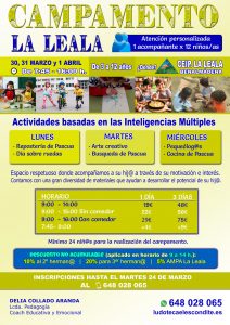 Campamento Semana Santa 2026 - CEIP La Leala - Organiza Delia Collado. Del 30, 31 de Marzo y 1 de Abril. Para niños de 3 a 12 años.