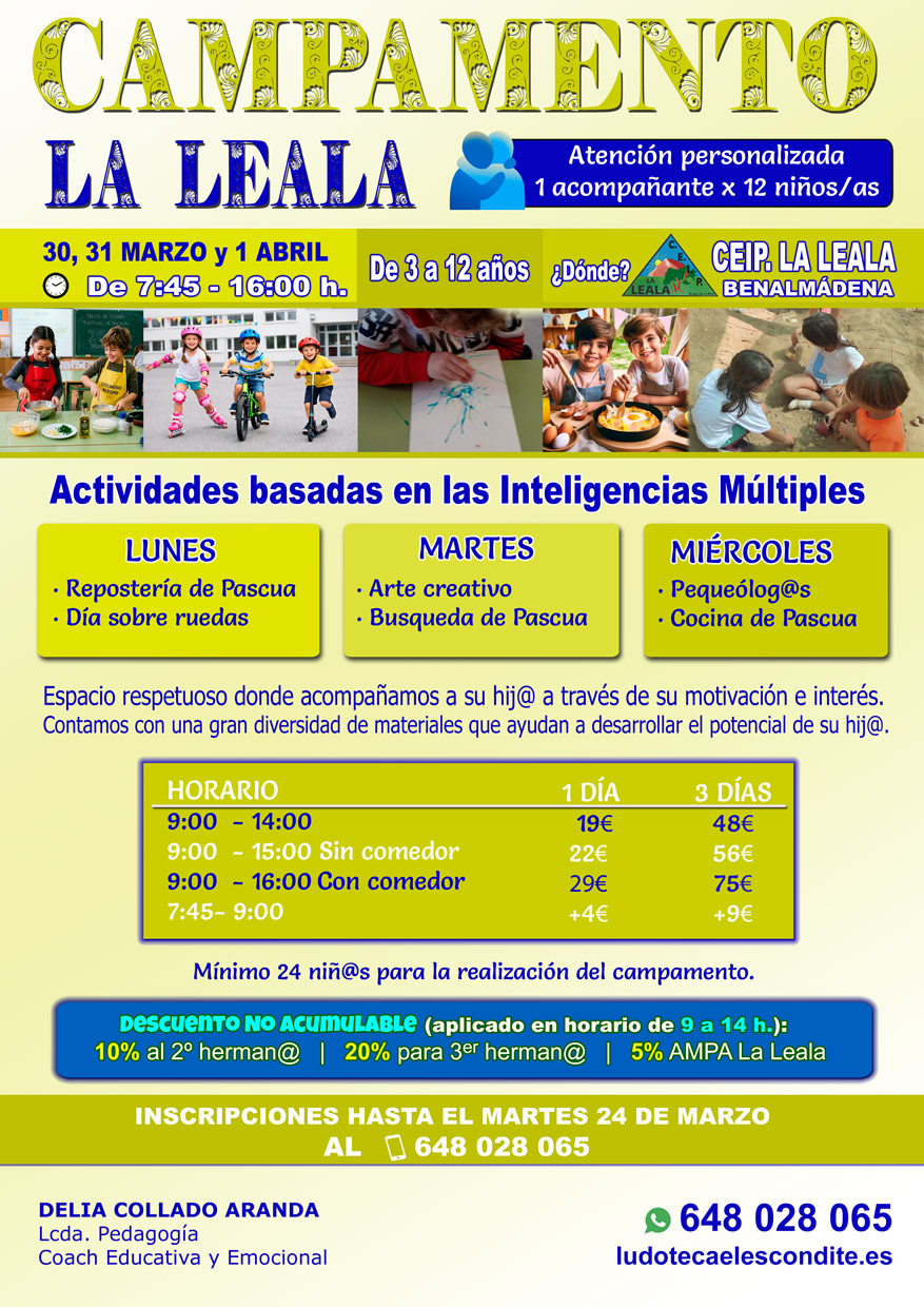 Campamento Semana Santa 2026 - CEIP La Leala - Organiza Delia Collado. Del 30, 31 de Marzo y 1 de Abril. Para niños de 3 a 12 años.