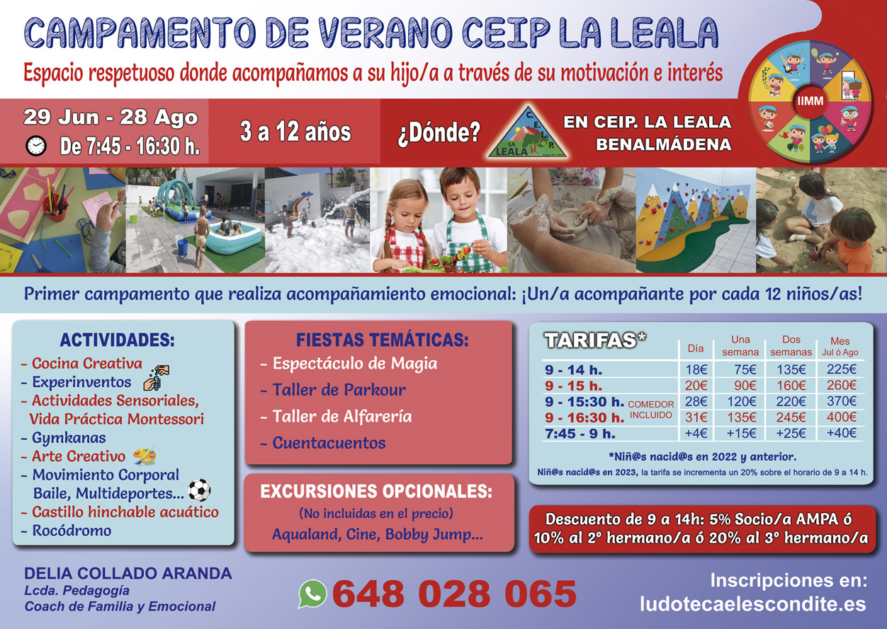 Cartel Campamento de Verano 2026, del 29 de Junio al 28 de Agosto. Organiza Delia Collado, lugar Colegio La Leala, Arroyo de la Miel