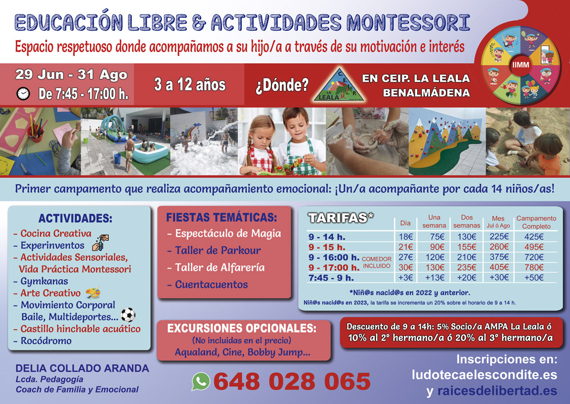 Cartel Campamento de Verano Educación Libre & Actividades Montessori 2026, del 29 de Junio al 31 de Agosto. Organiza Delia Collado, lugar Colegio La Leala, Arroyo de la Miel